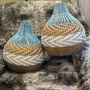 NIB 2  Unique Royal Blue Rattan Pendant Light Handwoven
Round Lamps